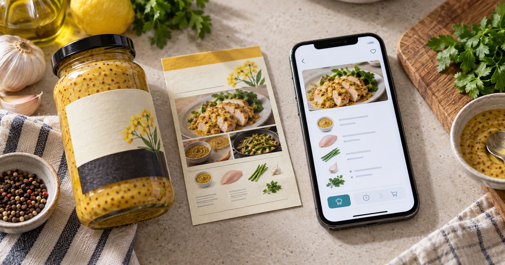 調味罐包裝食譜與手機上的 AI 整理食譜卡